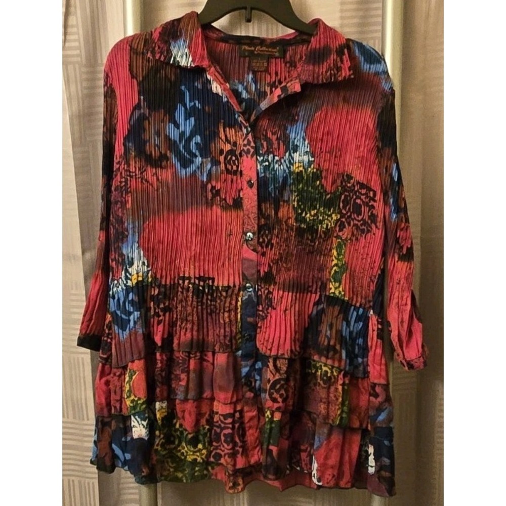 Pleats Collection Ping Imports Large Floral Blouse Crinkle MultiColor 3/4 Sleeve